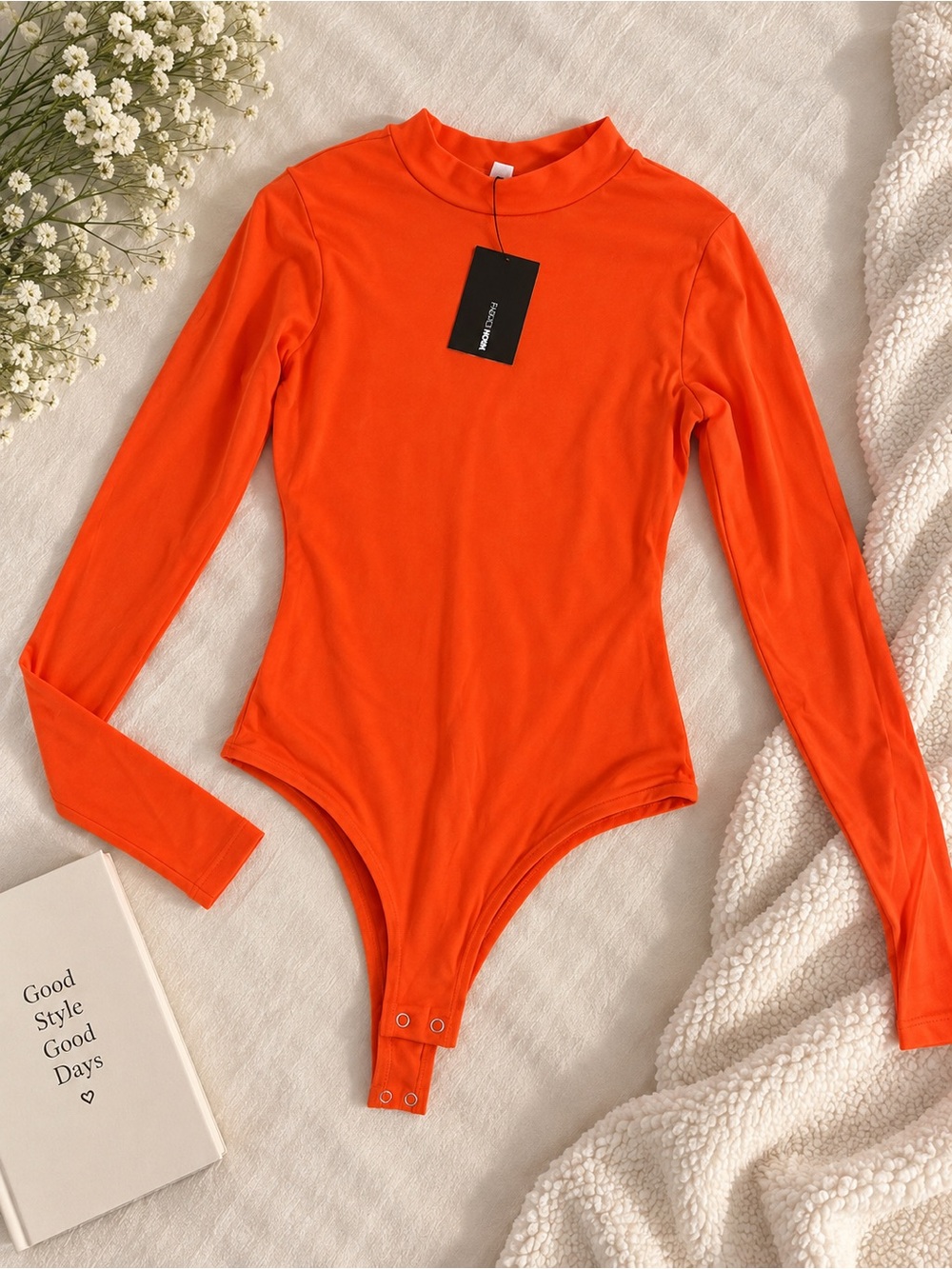 Fashion Nova Orange Long-Sleeve Mock Neck Bodysuit